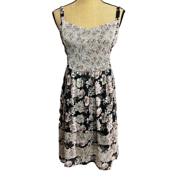 Mudd Hi-Low Smocked Sundress Size XL Dress Black Ivory Floral Stretch Adjustable - Picture 15 of 15